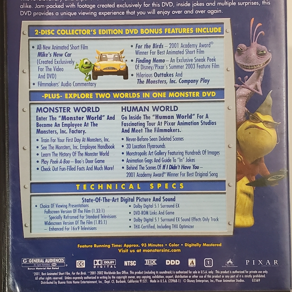 Disney Pixar Monsters, Inc. DVD Collectors Edition Movies Family Entertainment - Picture 4 of 4